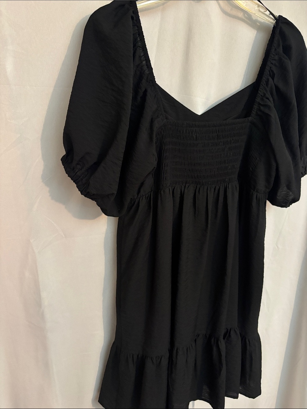 Nine West Black Babydoll, Puff-Sleeve, Tiered Mini Dress LBD Size Large - Picture 11 of 16